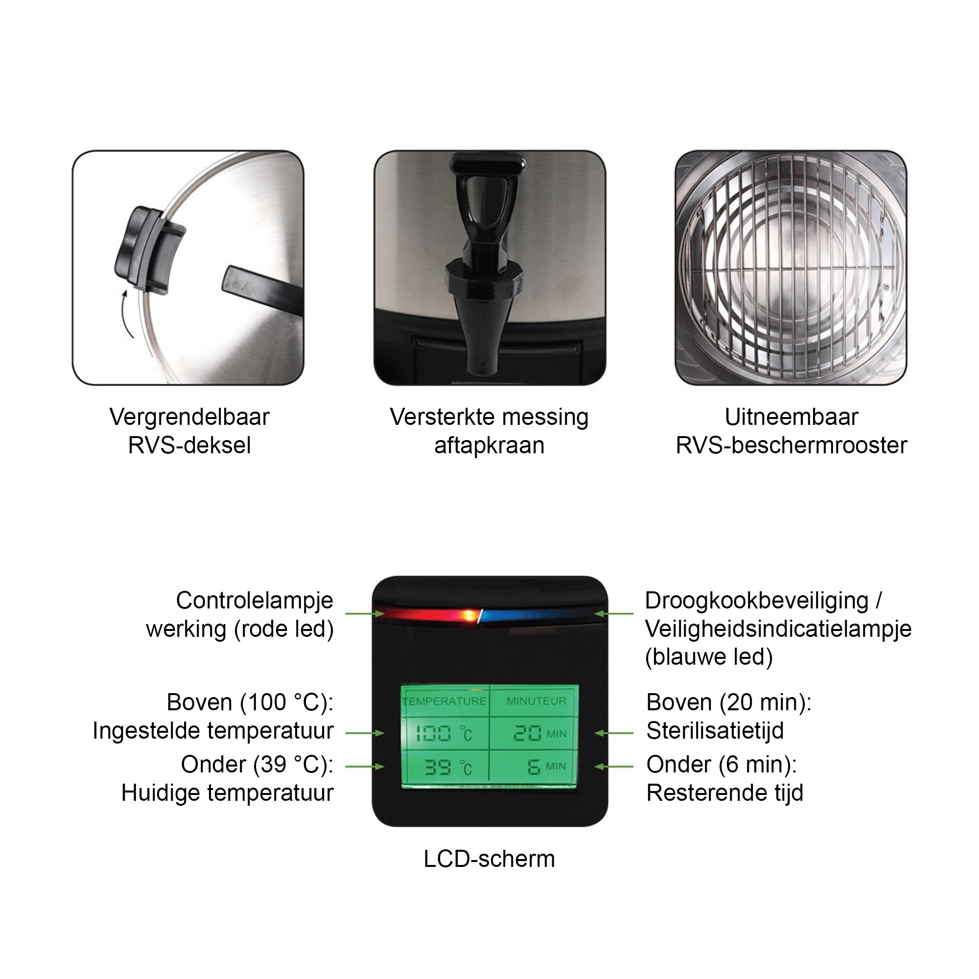 Le Pratique - Steriliseerketel RVS LCD 2200W - 14 Potten van 1 Liter - detail